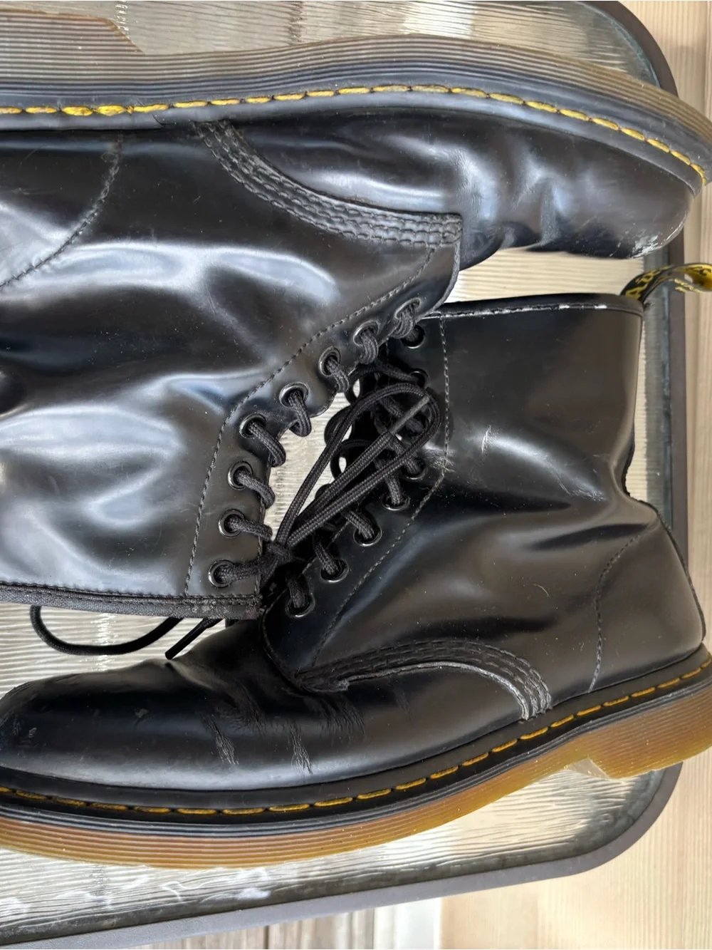 Dr. Martens Black Leather 8-Eye Combat Boots with Yellow Welt Stitching